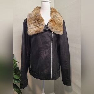 Wilsons Leather Black Leather Moto Jacket with Rabbit Fur Trim Sz XL